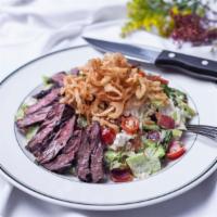 Grilled Skirt Steak Salad Lunch · Romaine, bacon, bleu cheese, cherry tomatoes, asparagus, bleu cheese dressing and topped wit...