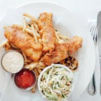 Fish and Chips · Beer battered cod, peanut coleslaw, remoulade sauce, and french fries.
