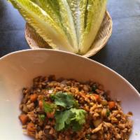 A1. Lettuce Wraps · Large portion. Choice of ground chicken or tofu, shiitake mushroom, peas, carrots, onions an...