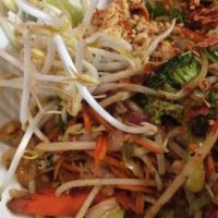D82. Low Carb Pad Thai · Stir-fried shredded veggies with eggs, red onions, broccoli, mushroom, green onions, bean sp...