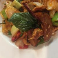 D35. Spicy Eggplant · Choice of meat with stir fried eggplant, bamboo shoots, onions, bell peppers, basil leave in...