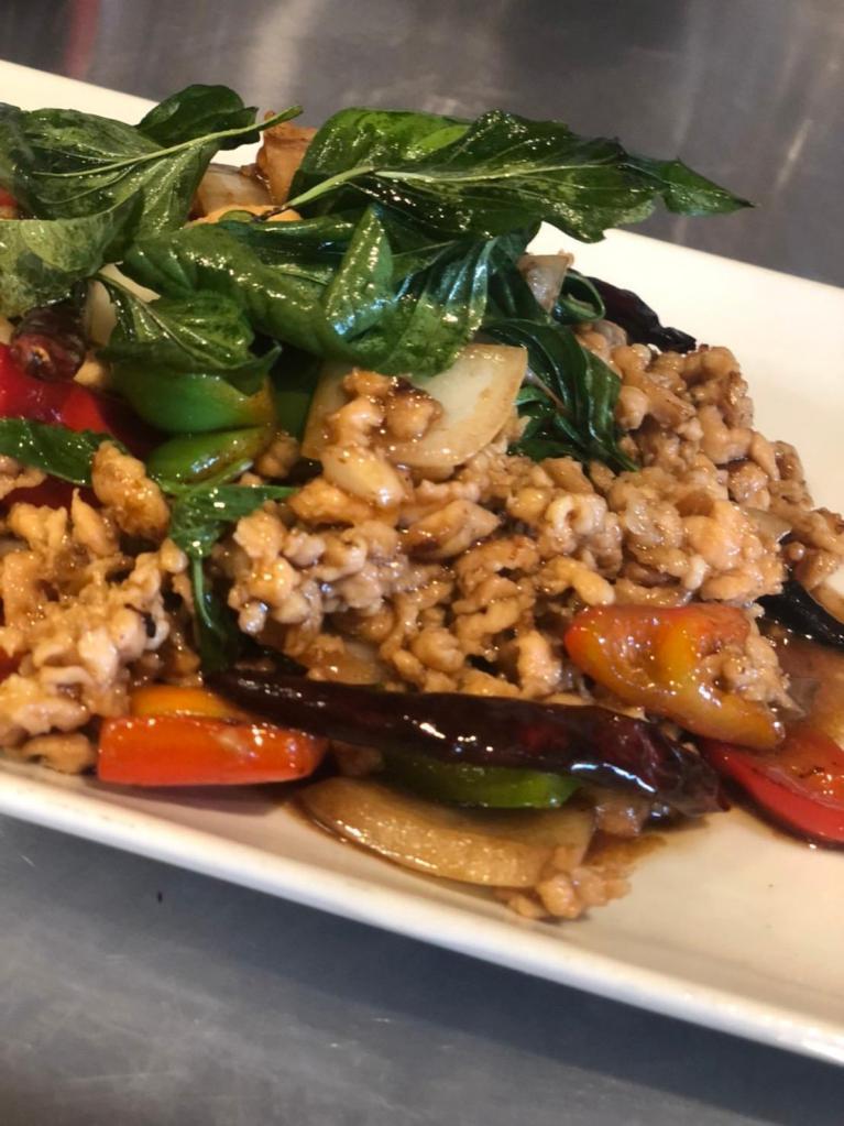 Mala (Pepper corns) Ground Chicken Basil Sichuan inspire · Stir fried Ground Chicken and basil onion mixed with Mala Spicy Chinese style