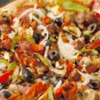 Combo Pizza · Salami, pepperoni, mushrooms, olives, onions, bell peppers, beef sausage and linguica.