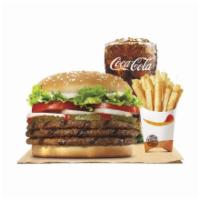Triple Whopper Meal · Our Triple Whopper Sandwich includes three 1/4 lb* savory flame-grilled beef patties topped ...