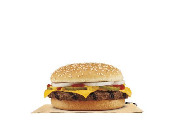 Quarter Pound King · Featuring flame-grilled 100% beef, topped with all of our classic favorites: American cheese, freshly sliced onions, zesty pickles, ketchup, & mustard all on a toasted sesame seed bun. *Weight based on pre-cooked patties.