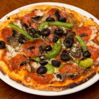 Bambino Pizza · Pizza sauce, mozzarella, mushroom, pepperoni, bell peppers and black olives.