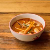 Tom Yum Goong · Spicy shrimp soup with lemongrass and mushroom. 