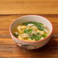 Geoy Nam · Chicken broth soup with minced chicken wrapped in wonton skin and bok choy.
