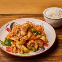 Phad Priew Wan · Sauteed pineapple chunks, tomato, carrot, cucumber, bell pepper, onion and celery with sweet...