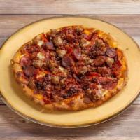 Meat Lover's Pizza · Italian salami, pepperoni, bacon, Italian sausage and linguica on top of homemade tomato sau...
