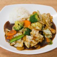 Pad Pak · Broccoli, baby corn, peapod, carrot, cabbage, water chestnut, brown sauce. Served with a sco...