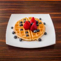 Belgian Waffle with Fresh Fruit · Served with fresh strawberries and topped with whipped cream.