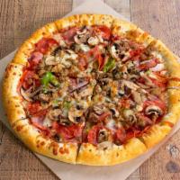 The Works Pizza · Smoked ham, pepperoni, Italian sausage, onion, mushroom, and green pepper with mozzarella an...