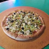 Classic Veggie Pizza · Mozzarella fresh tomato, onion, green pepper, black olive, banana pepper rings, mushroom smo...