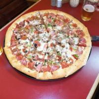 The Work Pizza · Mozzarella cheese, onions, green peppers, smoked ham, pepperoni, Italian sausage, mushrooms,...
