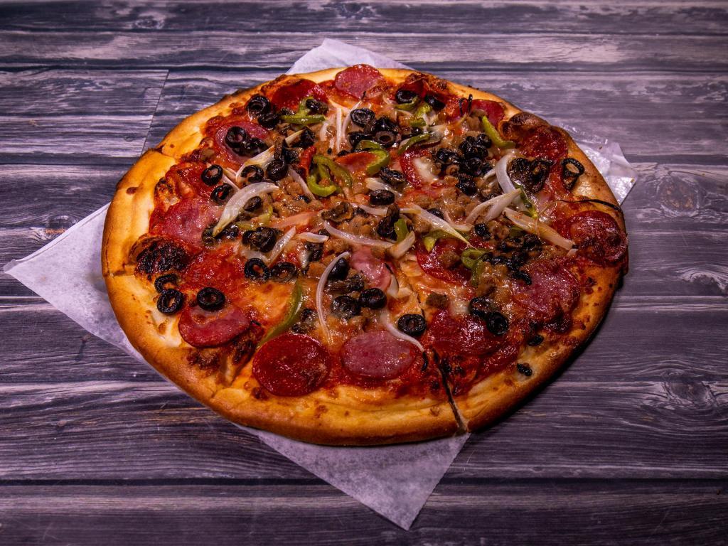 New York Special Pizza · Sausage, pepperoni, Canadian bacon, hamburger, mushroom, green peppers, black olives and onions.