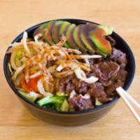 Beef Bowl · Served with rice and steamed vegetable.