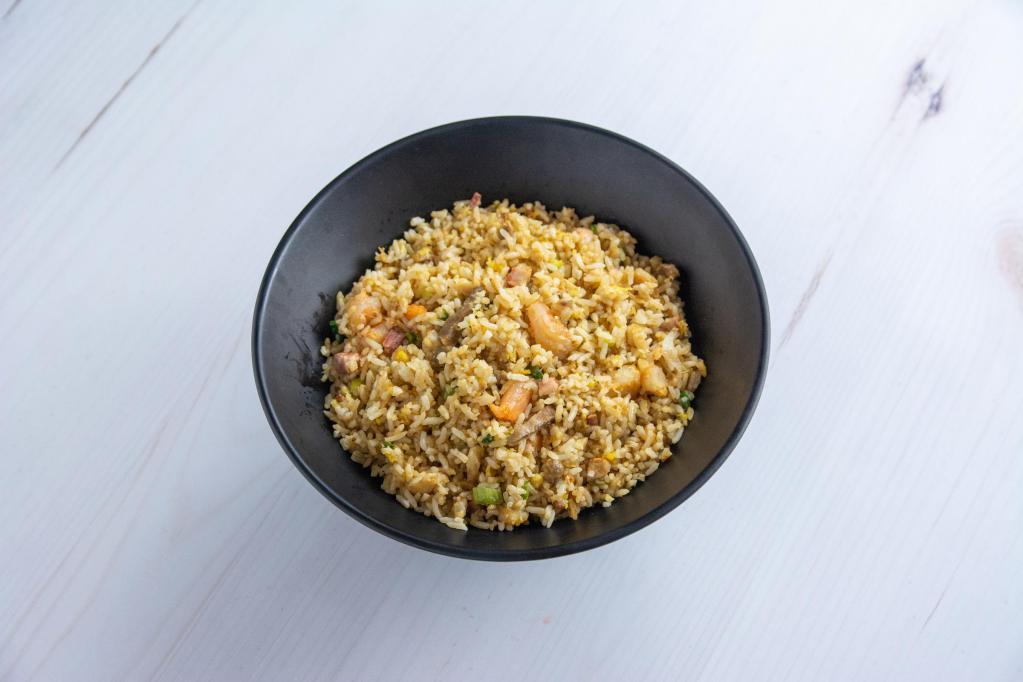 Combination Fried Rice · Rice stir fried with shrimp, beef, chicken, BBQ pork eggs and green onions. Add substitute brown rice for an additional charge.