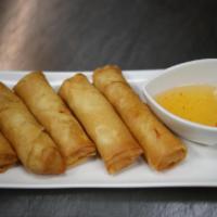 A6. 5 Piece Mango Veggie Crispy Roll · Fried crispy roll filled with mango, carrot, cabbage, celery, and vermicelli served with swe...