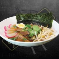 N4. Sakura Falls Ramen Soup · Japanese shoyu ramen with braised pork, fish cake, seaweed, bean sprout, scallion, boiled eg...
