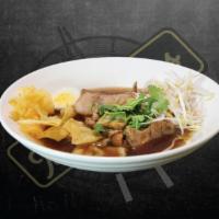 N6. Old School Noodle Soup · Vermicelli noodle with braised pork, basil, cilantro, and bean sprout in herb soy soup with ...