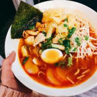 N8. Tom Yum Ramen Soup · Hot & Sour ramen noodle soup with chicken, fish cake, seaweed, tomato, mushroom, bean sprout...