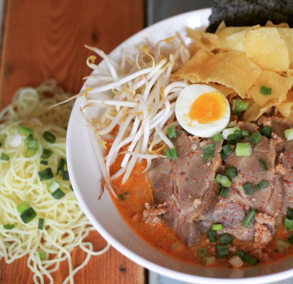 N11. Red Curry Ramen · Thai red curry ramen with ground pork, braised pork, seaweed, bean sprout, scallion, boiled egg, and fried wonton. Mild Spicy