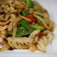 SN12. Madness Lover Noodle · Stir-fried udon noodles with onion, bell pepper, basil, and egg in spicy basil sauce. Hot an...