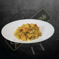 F5. Pineapple Fried Rice · Stir-fried rice with pineapple, onion, scallion and egg in curry powder.