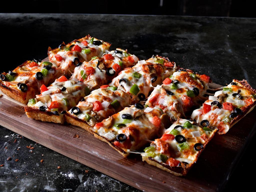 8 Corner Veggie Pizza · Premium mozzarella, mushrooms, onions, green peppers, black olives and tomatoes. 8 pieces deep dish.