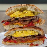 Steak and Egg Breakfast Sandwich · House roasted Harris ranch top sirloin, egg, grilled onions, roasted
bell peppers, sharp ch...