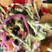 NSFW Nachos · Handmade chips, scratch made pepper jack beer cheese, corn and black bean pico, pico de gall...