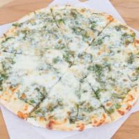 Popeyes White Pie · Garlic, Alfredo sauce, spinach and ricotta cheese. 