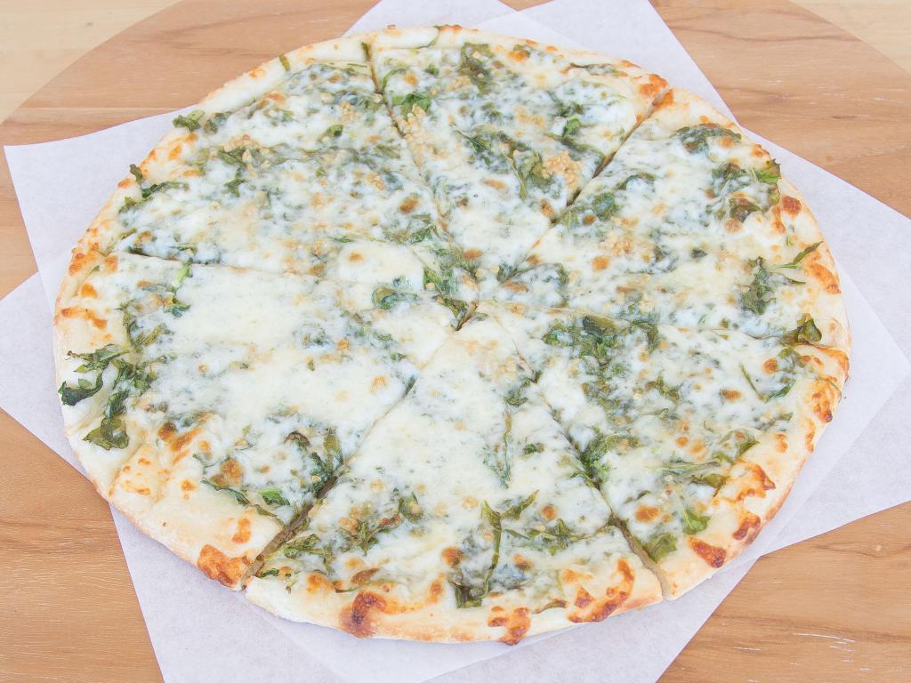 Popeyes White Pie · Garlic, Alfredo sauce, spinach and ricotta cheese. 
