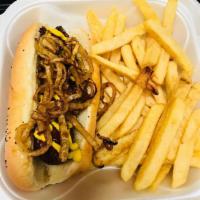 Polish Sausage Sandwich · Polish sausage on a bun served with mustard and grilled onions.