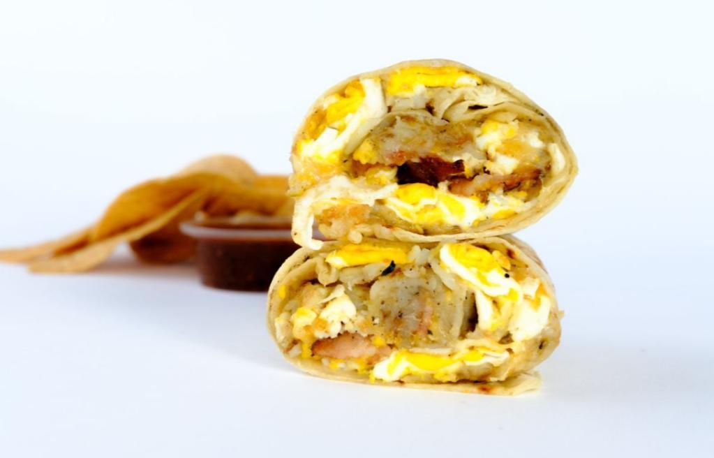 Breakfast Burrito · Eggs , bacon , Potato and cheese