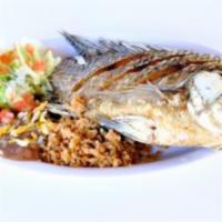 Mojara Tilapia Fish Combo Plate · Served with rice and beans and corn tortillas.