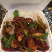 Szechuan Pork · Served with steamed rice. Spicy.