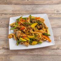 Kapraw · Your choice of meat sauteed with zucchini, string beans, onions, red bell peppers and basil ...