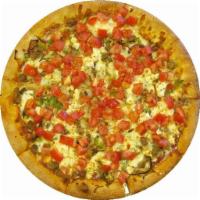Greek Pizza · Canadian bacon, mushrooms, olives, feta cheese, green peppers, tomatoes and sausage. 