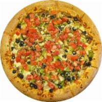 Veggie Pizza · Mushrooms, tomatoes, green peppers, olives and onions.
