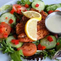 Wood-Fired Salmon Salad · Salmon, greens, red bell peppers, tomatoes and cucumbers with lemon vinaigrette dressing. Gl...