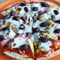 Capricciosa Pizza · Tomato sauce, mozzarella, artichokes, olives, mushrooms, ham, and Parmigiano Reggiano.