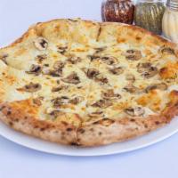 The White Out Pizza · Extra virgin olive oil, shredded mozzarella, Parmesan, fresh mushrooms, and garlic.