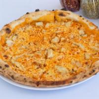 Roman Buffalo Chicken Pizza · Buffalo sauce, shredded mozzarella, blue cheese crumbles and grilled chicken.