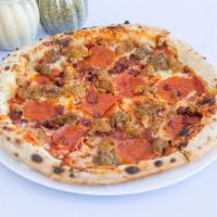 Roman The Meatza Pizza · Signature marinara, shredded mozzarella, pepperoni, bacon, Italian sausage and crumbled meat...