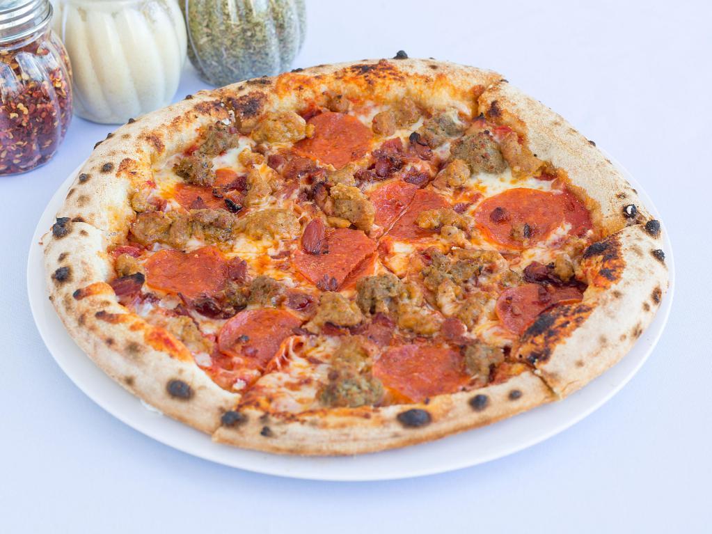 Roman The Meatza Pizza · Signature marinara, shredded mozzarella, pepperoni, bacon, Italian sausage and crumbled meatballs.