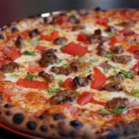 Sausage and Peppers Pizza · Signature marinara, shredded mozzarella, Italian sausage, red roasted peppers, green bell pe...