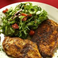 Blackened Chicken · Traditional boneless chicken breast. Served with a choice of salad or penne alla pomodoro.