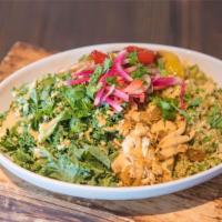 paleo chicken fajita bowl · shredded picante chicken, mixed with peppers and shallots, paleo rice, kale tossed in zesty ...